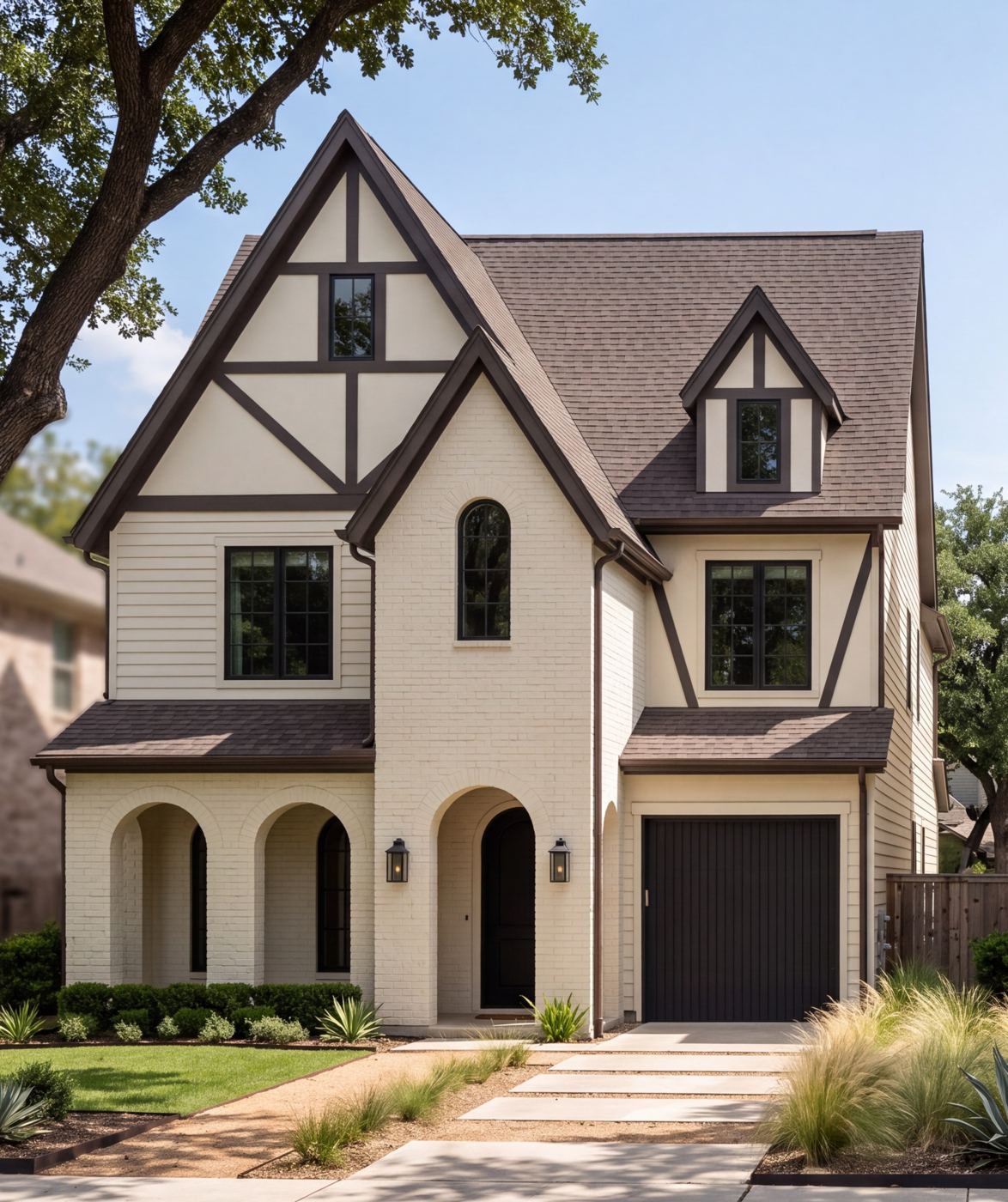 Artist rendering of The Tudor: cream painted brick, stucco gables with dark half-timber trim, arched porch openings and a black garage door